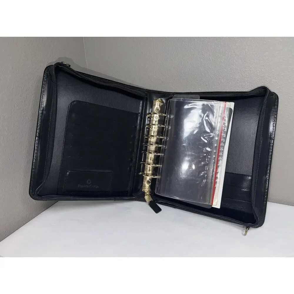 Franklin Covey Binder Planner Black Leather Zip Around W/ Handles & Strap Vtg